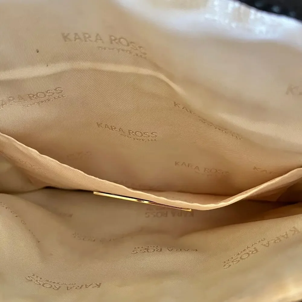 Kara Ross NY Woven Straw Black Leather Onyx Embellished Envelope Clutch Handbag